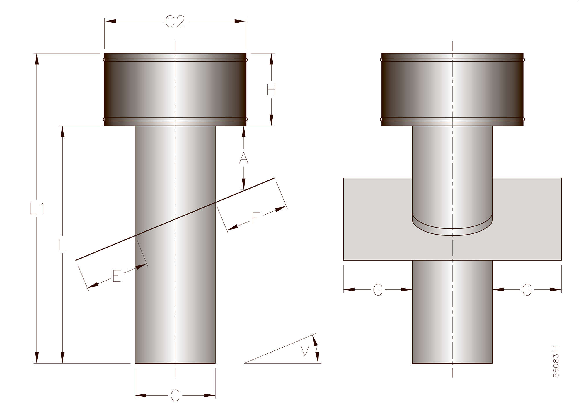 Dimensions E, F and G apply only to PERFORM flashing.
With zinc, the flashing is always 100 mm

PERFORM flashing can cater for +/- 2.5° relative to the given roof pitch.

A dimension varies according to degree dimension. C = adapter size.